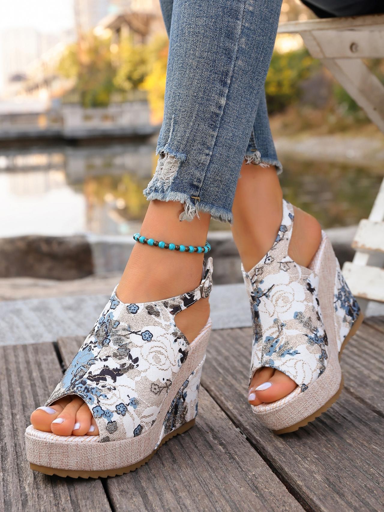 Women's Chinese Style Plum Blossom Printed Wedge Sandals, Summer Retro Platform Elevated Buckle Open-Toe Vacation Roman Shoes