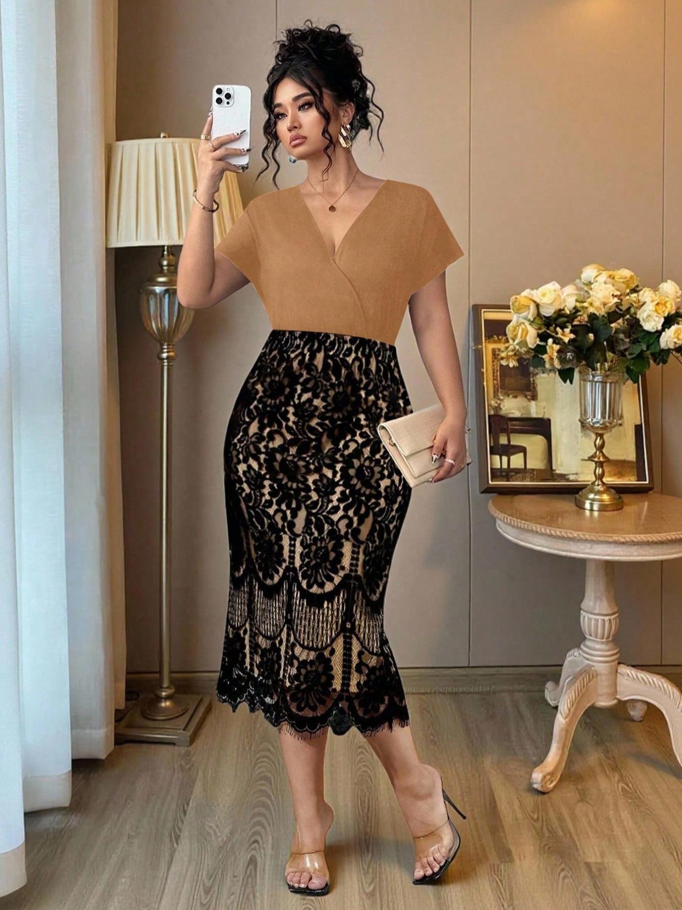 【Plus Size】 Solid V Neck A Line Fitted Dress, Elegant Chic Bishop Sleeve Patchwork Dress for Party Holiday Wedding Guest, Women's Clothes for Spring & Fall