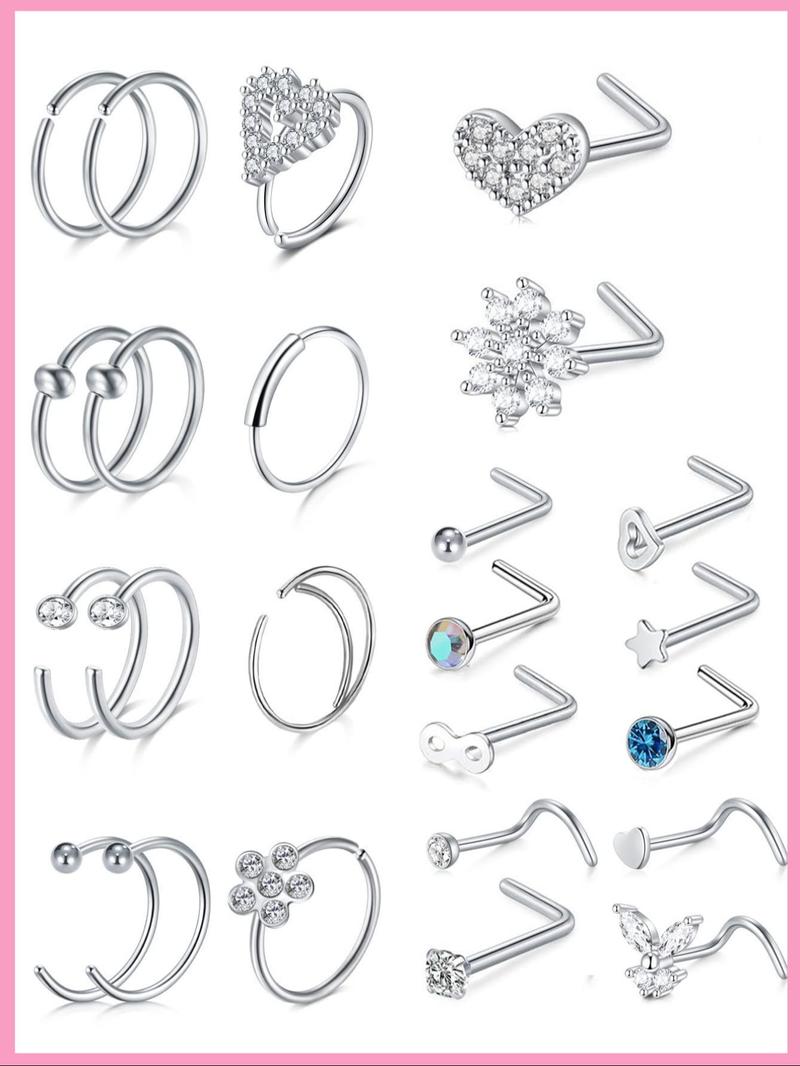 Women's 20g Nose Ring Stud Earrings, Surgical Steel Nose Stud with Shiny Cz Flower Design, Heart Butterfly Floral Patterns, Nose Piercing Jewelry