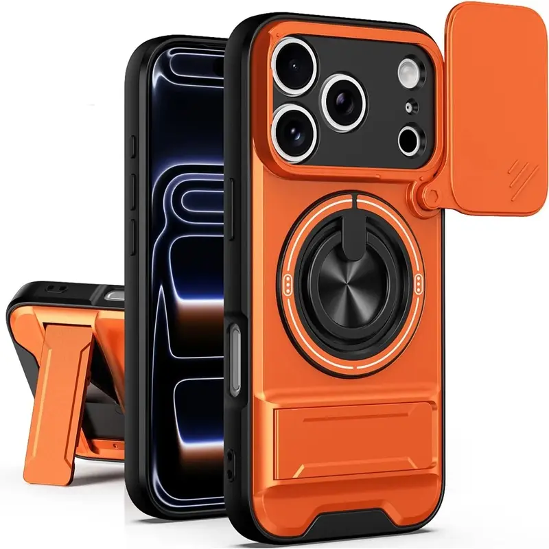 OREKROY Magnetic Case for iPhone 17AIR17 Pro Max 16Plus/15/14/13/12 Pro Max ,Slide Camera Cover, 360° Rotating Ring Stand, Compatible,Military-Grade Shockproof Protective Cover, Heavy Duty Rugged Armor Drop Protection Kickstand Case for Hands-Free Viewing