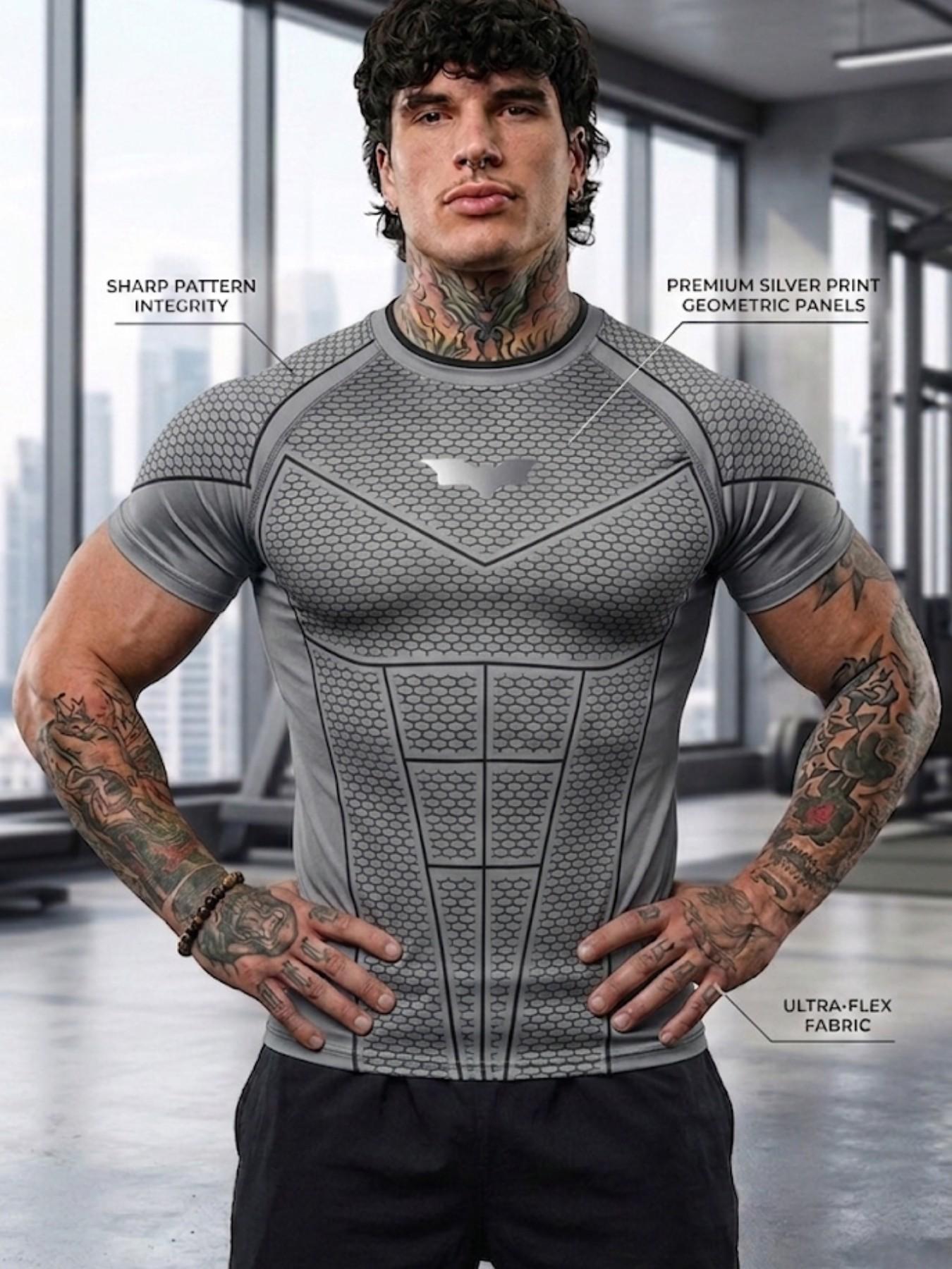 Men's Sporty T-Shirt, Geometric Pattern Short Sleeve Top, High Stretch Street Style, Ideal for Gym, Training, Casual Wear