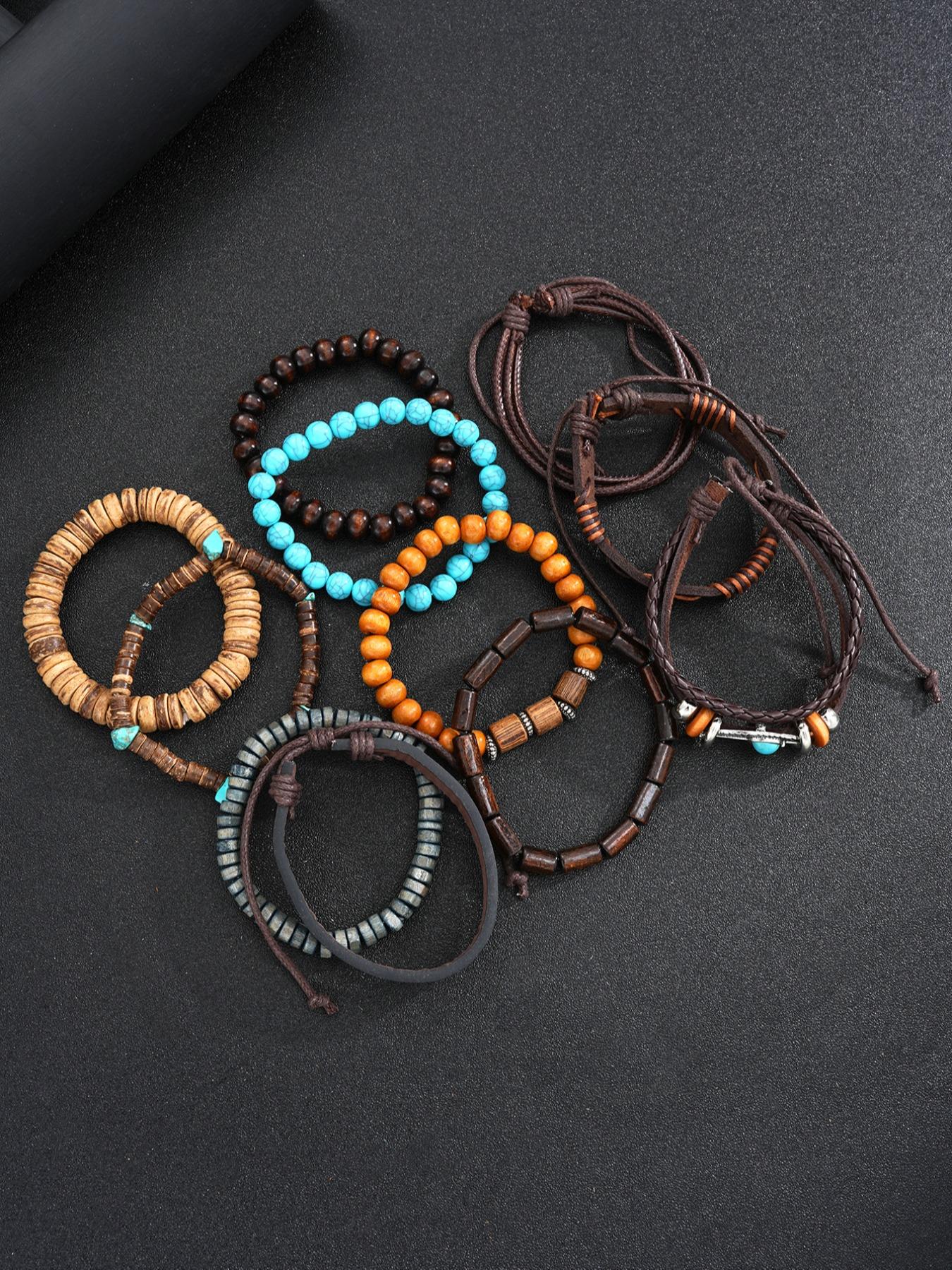 Men's Vintage Casual Bohemian Style Beaded Bracelet Set, Fashion Turquoise Beaded PU Leather Bracelet Set, Stylish Gift for Boys Daily Wear, High Quality Bracelet