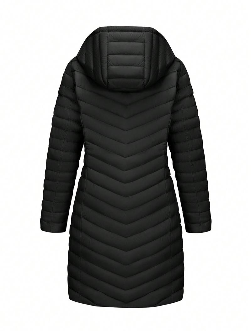 Women's Winter Mid-Length Hooded Casual Cotton Jacket, Simple Style Commuter Lightweight Outerwear for Fall & Winter, Fitted Plain Design