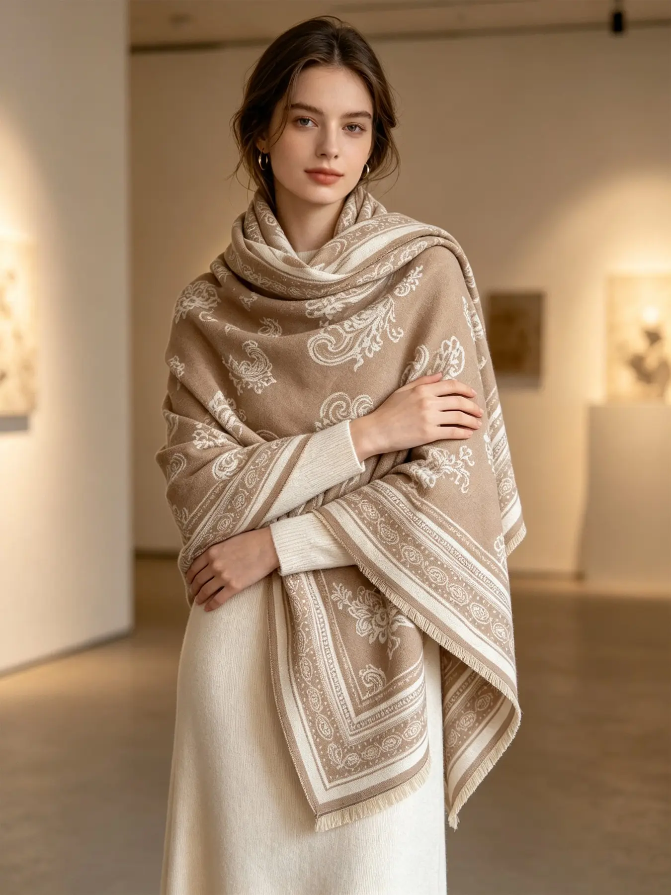 Classic Warm Camel Paisley Long Scarf, 185×65cm Soft Cashmere-Feel, Reversible Tassel Shawl, Women's Neutral Tone Wrap for Fall Winter