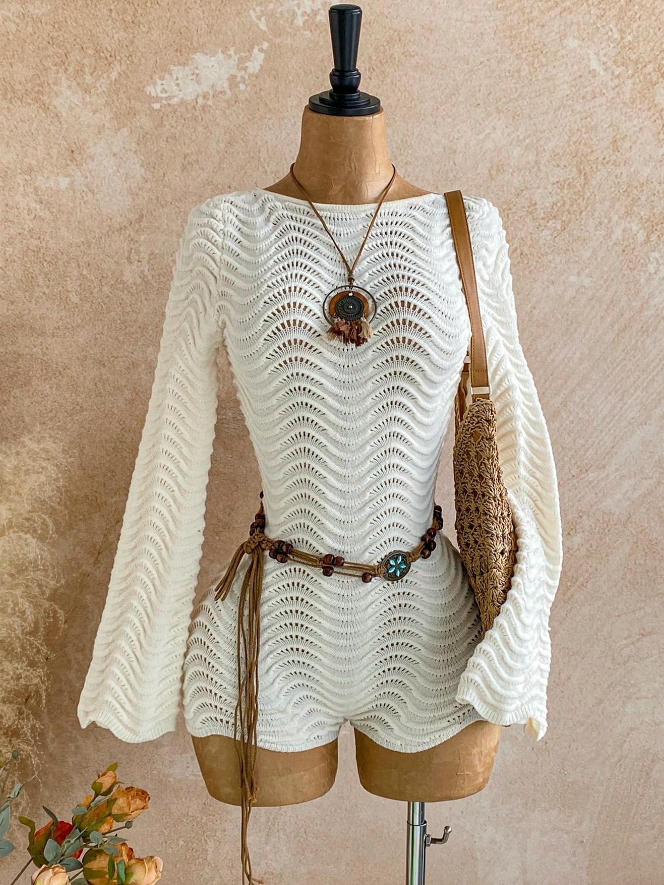 Women Boho White Crochet Knit Romper Summer Hollow Out Long Flare Sleeve Backless Tie Up One Piece Jumpsuit Beach Vacation Bohemian Bodysuit Casual See Through Knitted Playsuit