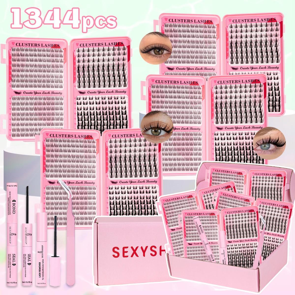 3 style Mixed Lashes Clusters Kit, 1344Pcs Manga&Bunny&Wispy Lash Clusters, C/D Curl Volume Lashes Clusters Kit, Mixed Lenghth, DIY False Eyelash Extensions Kit, Includes Bond&Seal &Remove&Eyelash Tweezers, Eyelash Extensions Set