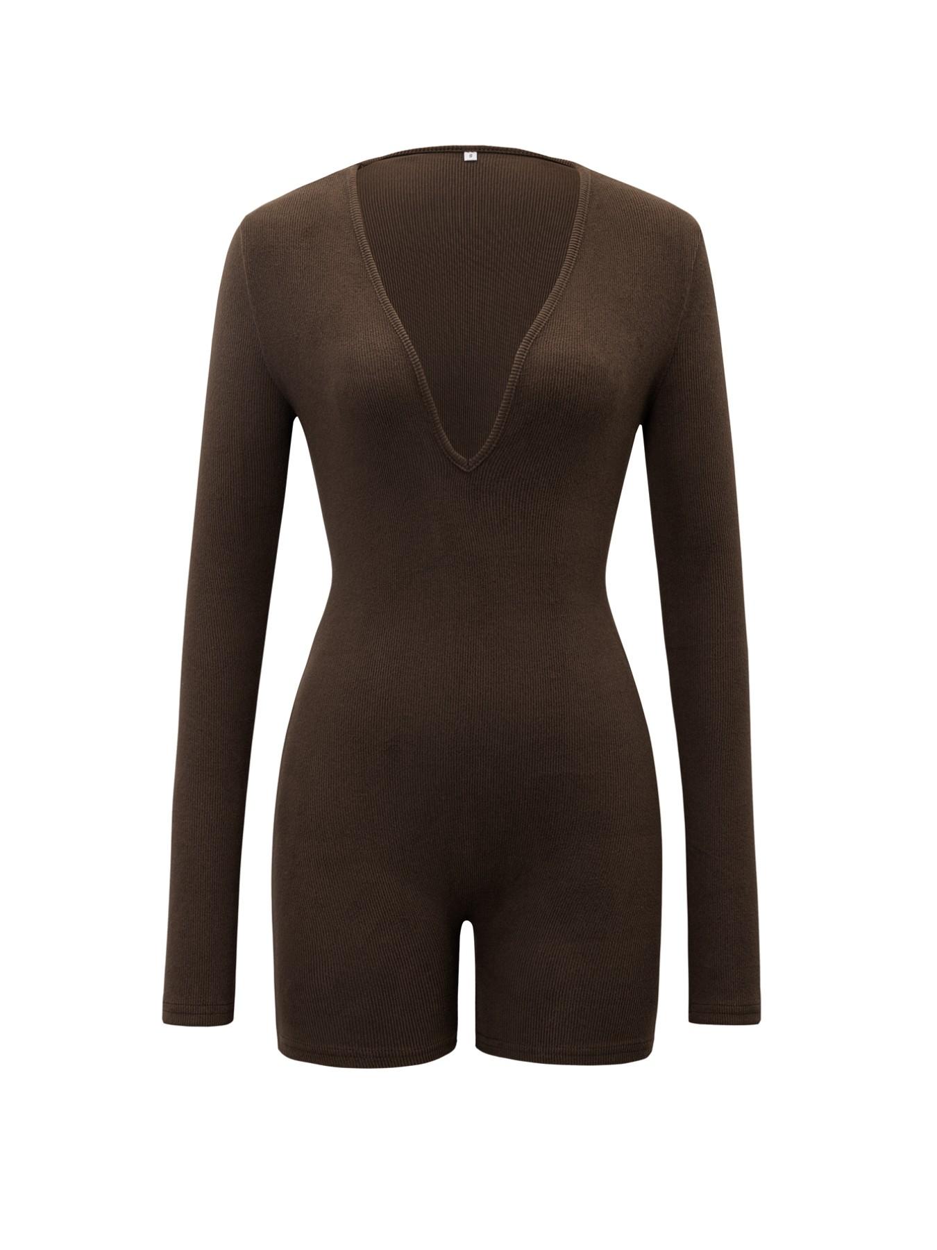 Women's Casual V Neck Slim Fit Long Sleeve Jumpsuit, Plain Color Fall Fashion One Piece, Comfortable & Stylish Women's Clothing