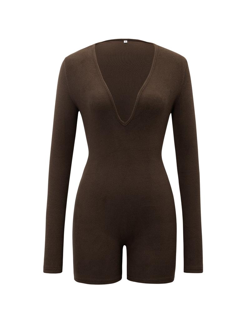 Women's Casual V Neck Slim Fit Long Sleeve Jumpsuit, Plain Color Fall Fashion One Piece, Comfortable & Stylish Women's Clothing