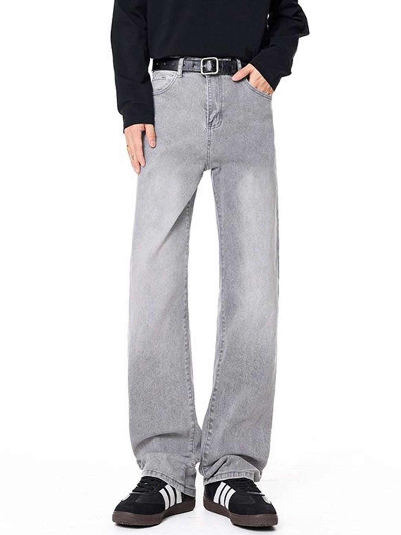 Men’s Light Gray Washed Jacquard Jeans, Loose Straight Leg Relaxed Fit Denim Pants for Casual Y2K Streetwear