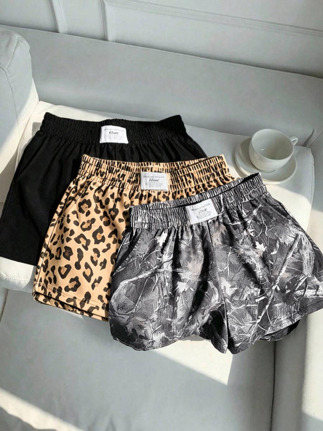 3-Pack Women's Summer Casual, Fashion, Elastic Waistband Shorts: Leopard Print + Solid Color – Comfortable, Loose Fit. Soft fabric, slant pockets, letter tag design. Suitable for daily light exercise, going out, home wear
