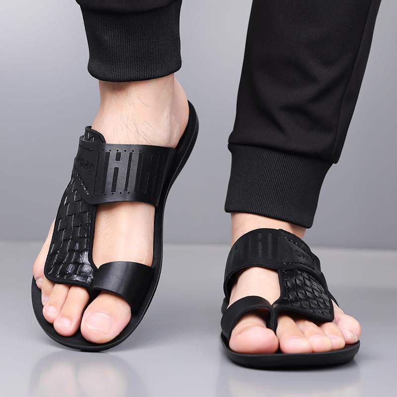 Men's Summer New Sandals, Letter Print Straw Texture, Trendy Anti-Slip Thin Sole, Casual Beach Shoes, Fashionable and Comfortable