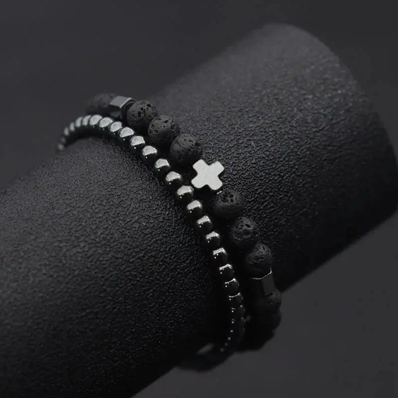 2pcs Men Bracelet Set Hematite Cross Braslet For Hombre Natural Lava Tiger Eyes Stone Braclet Homme Beaded Brazalete Pulseira