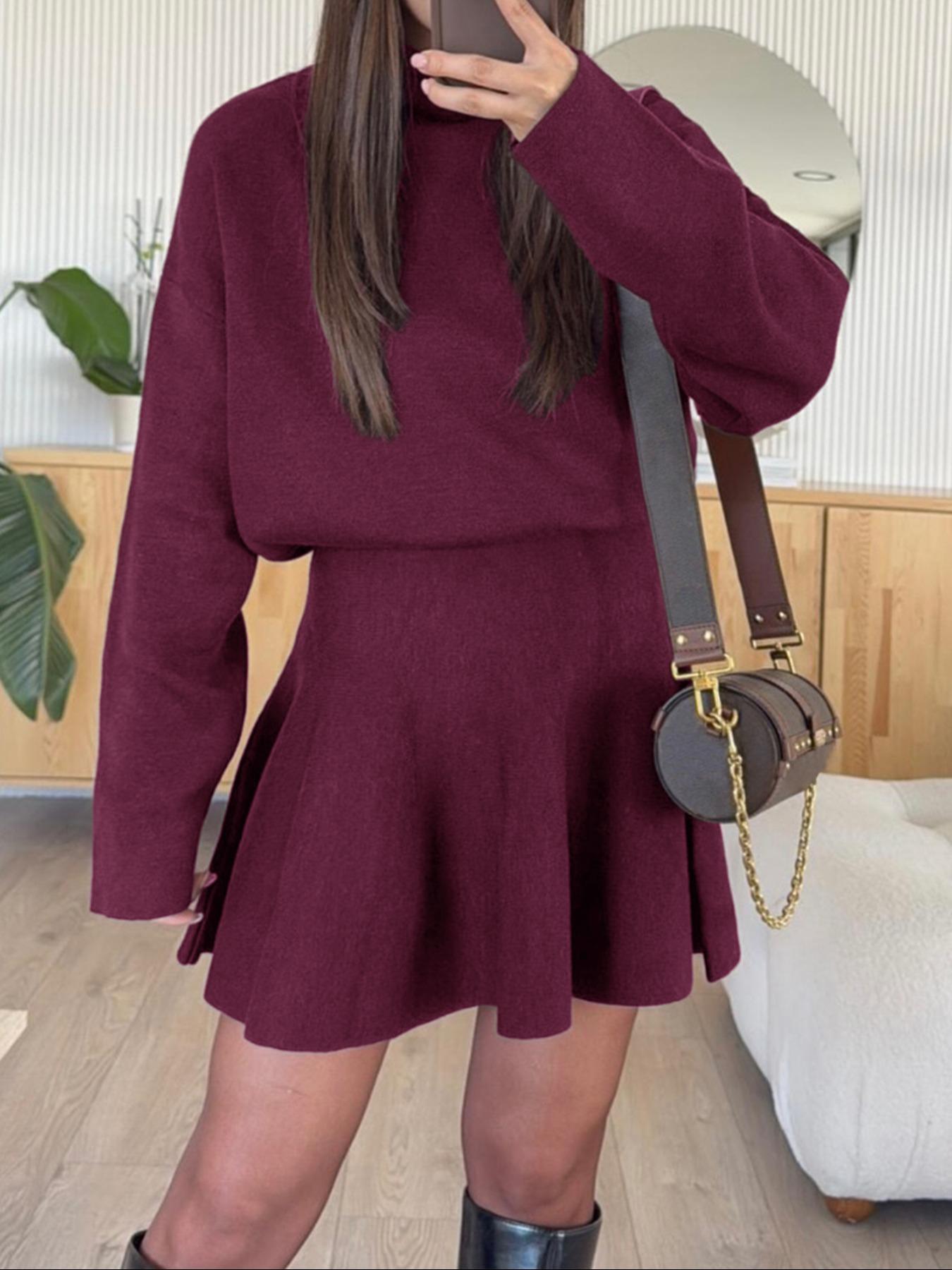 Women's Casual Mock Neck Sweater Dress, Fall/Winter Long Sleeve Solid Relaxed Fit Knit Dress