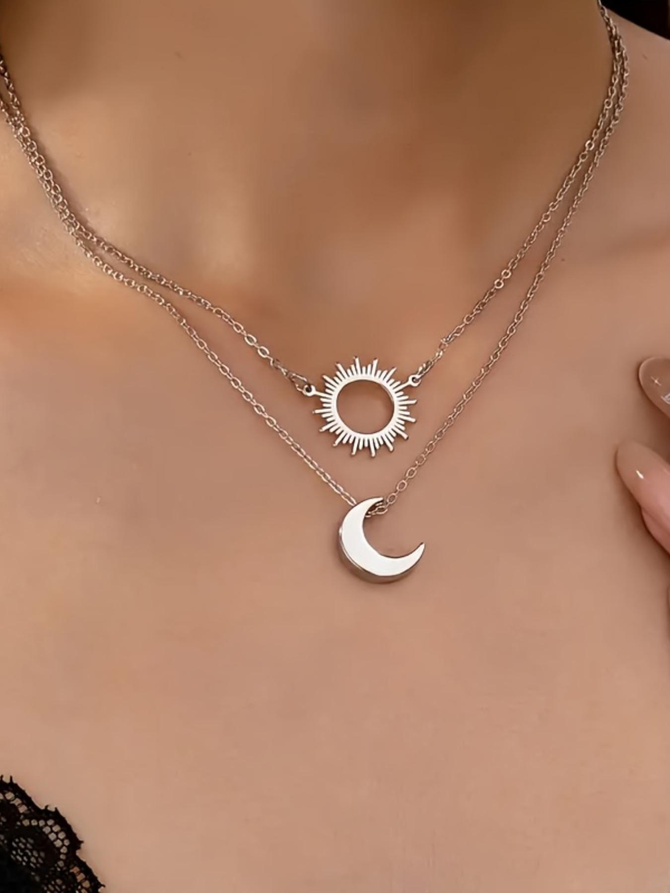 2 vintage Bohemian style sun and moon pendant necklaces, women's 18K gold plated stainless steel double-layer layered necklace, perfect for summer and beach vacation decoration