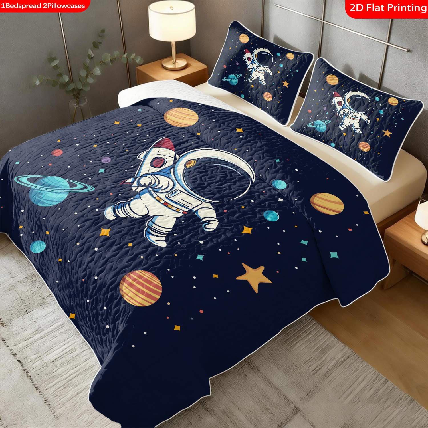3 pcs, 2D flat print Astronaut Spaceship Starry Sky bed cover set, multiple sizes available, bedding set, festive decorative bedding, ideal for bedroom decor(1 bedspread , 2 pillowcases)