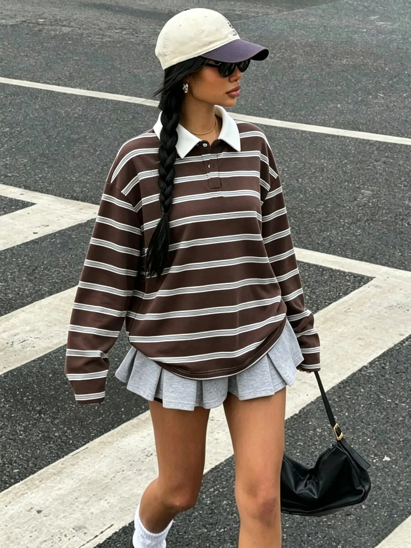 Women's Vintage Casual Striped Long Sleeve Polo Shirt, Loose-Fit Pullover, Spring & Fall Fashion, Streetwear, Campus, Daily Wear