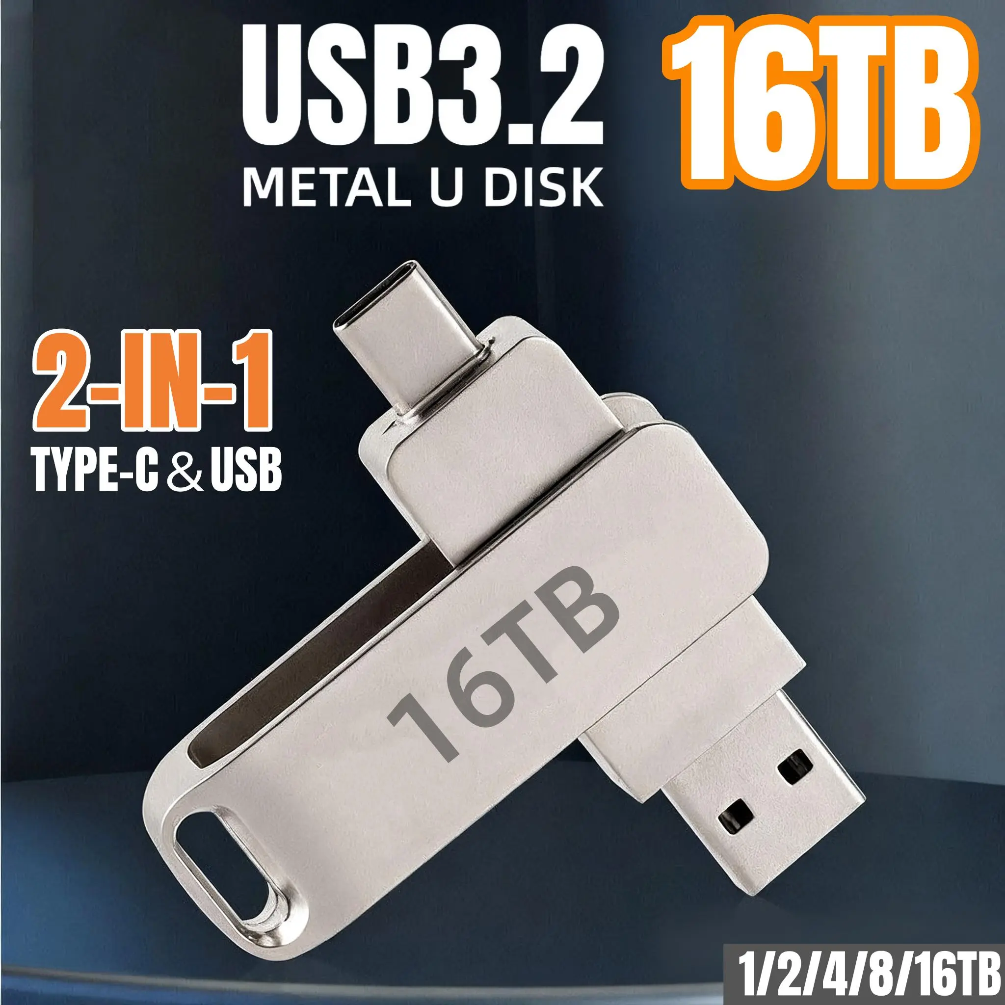 16TB USB3.2 High-Speed Transfer Metal Flash Drive - 1TB/2TB Options, Shockproof, Waterproof, Anti-Electromagnetic, No External Power Supply Required, 24G Compatible, 69*19*5.5mm Dimensions, More Than 10 Years Durability (New)