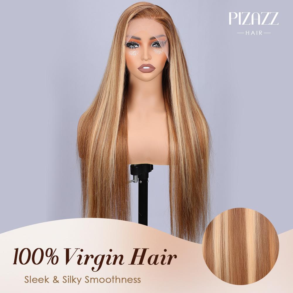 Pizazz Hair 13x6 Pre Bleached Honey Blonde Straight Full Lace Front Wigs Human Hair Pre Plucked For Momen 220% Density Highlight HD Transparent Lace Frontal Wigs with Baby Hair