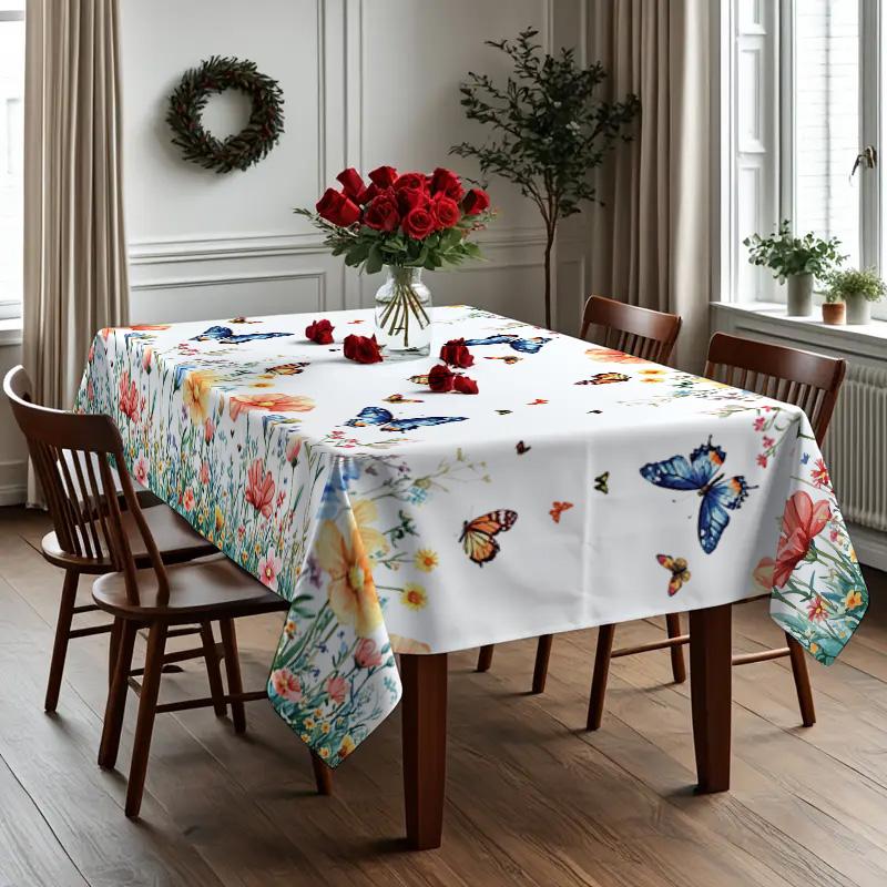 Rectangular Tablecloth Spring Summer Watercolor Flower Butterfly Pattern, Kitchen Decor, Wedding Party Garden Outdoor Picnic Cloth