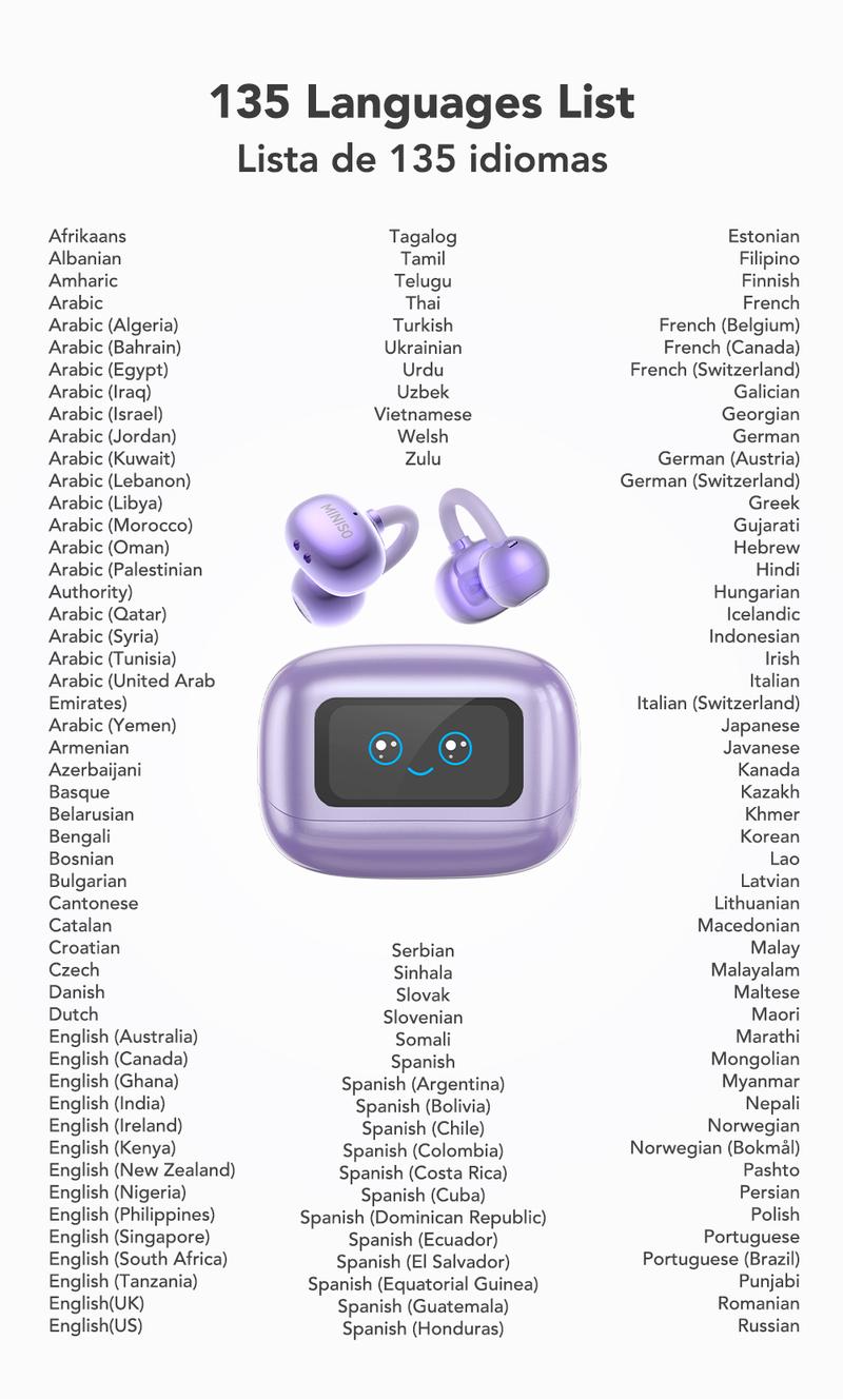 MINISO MS199 Translation Clip On Ear Headphones Full Color Touch Screen, Audio Wireless Headphones Support 135 Languages Real Time Bluetooth Translation Built-in Microphone for Music & Phone Calls,Sport Waterproof & Sweatproof