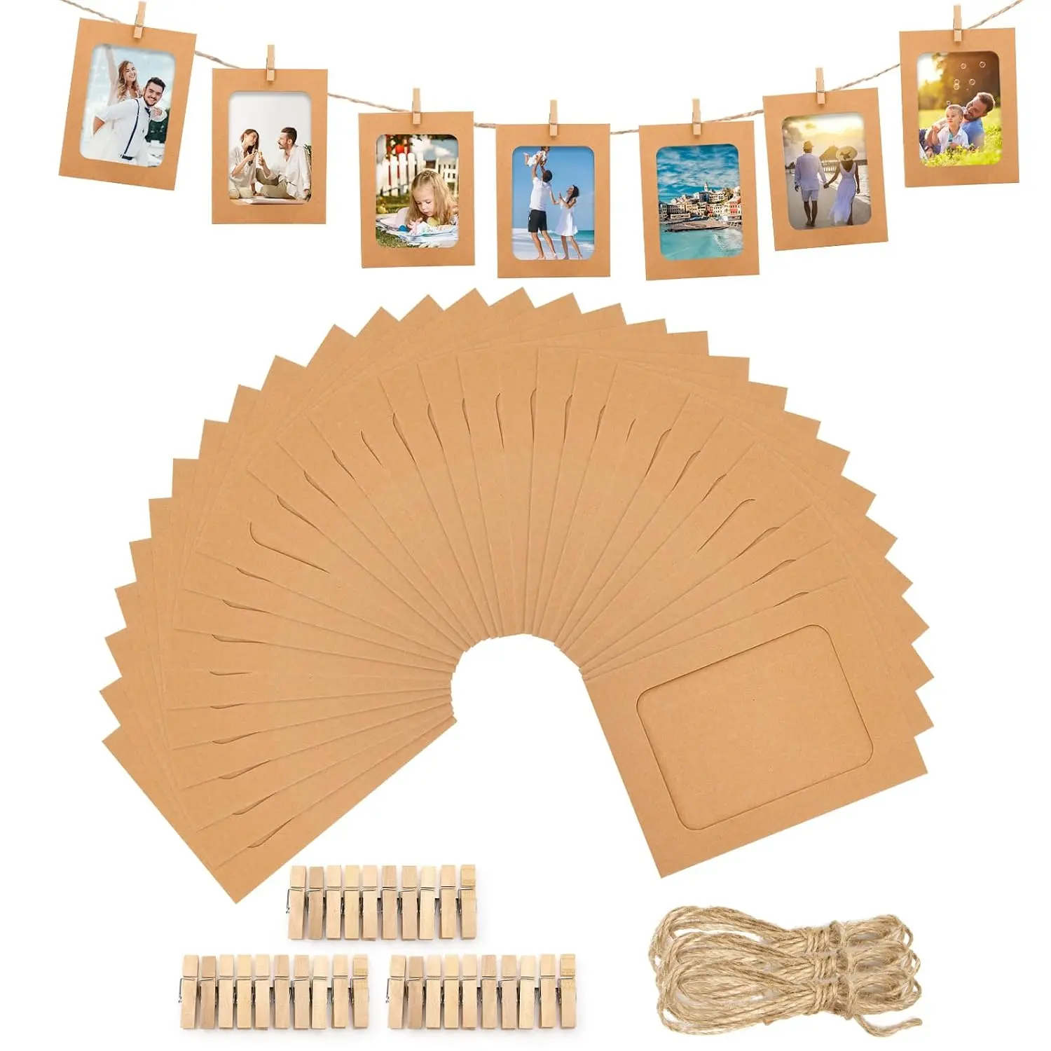 30Pcs Paper Picture Frames 4x6'' Kraft Paper Photo Frames Cardboard Picture Frames with Clip and String DIY Clip Photo Holders Photo Hanging Display Kit Wall Decoration for Home Party Office