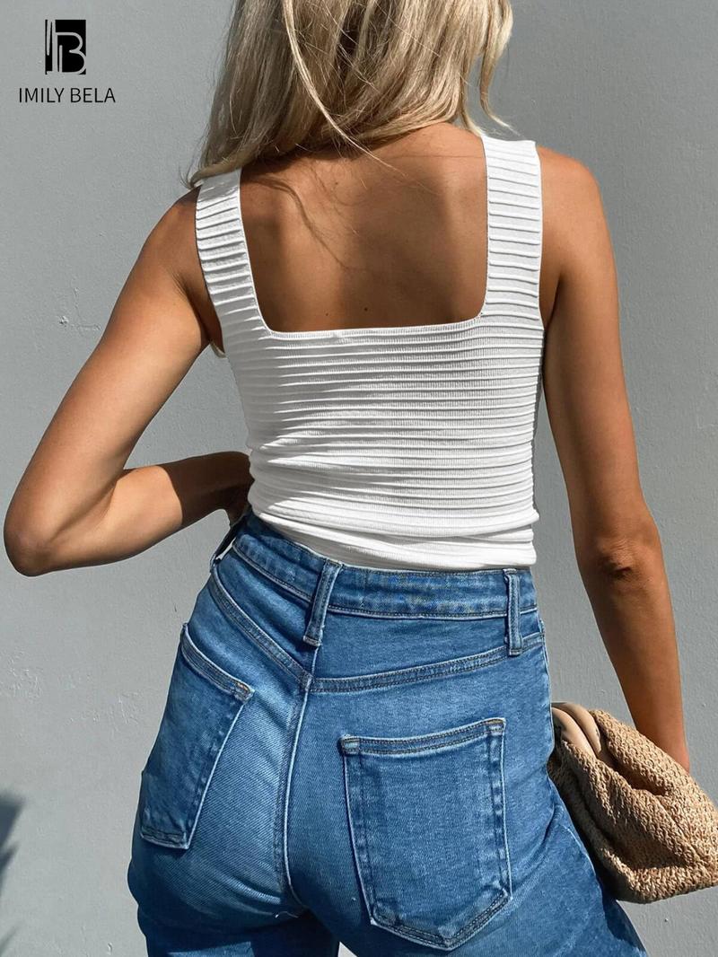 Women's Plain Ribbed Tank Top, Casual Sleeveless Top for Summer, Fashion Women's Top for Daily Wear, Going Out Tops, Elastic Basic Vest