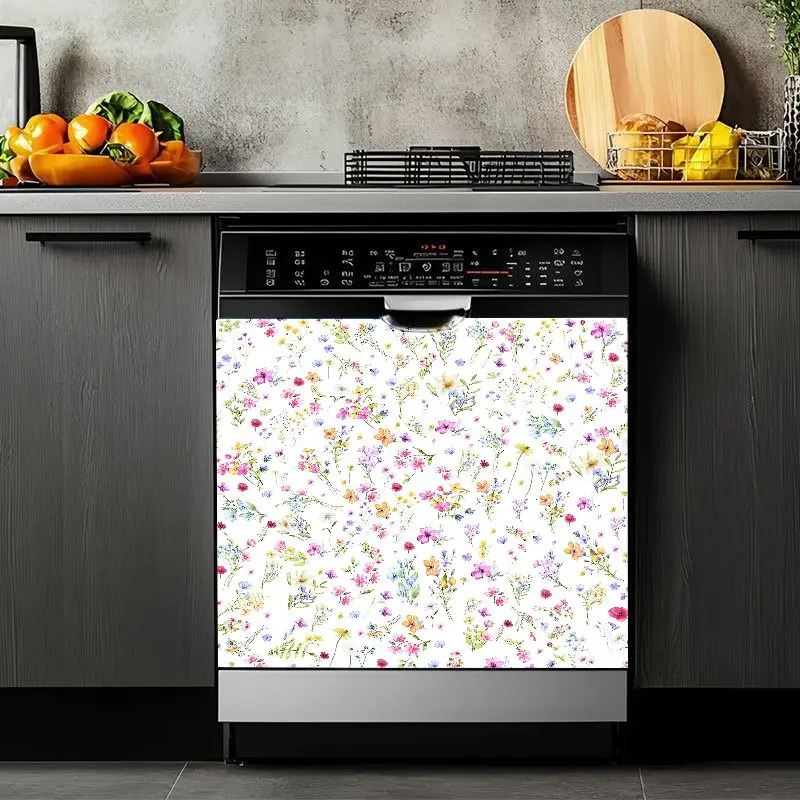 2D Flat 2Pcs Dishwasher Decorative Cover Sticker Colorful Wildflower Floral Pattern Appliance Magnetic Front Panel Decoration Removable Vinyl Decal for Kitchen Laundry Room Refrigerator Home Decor Waterproof Easy to Clean