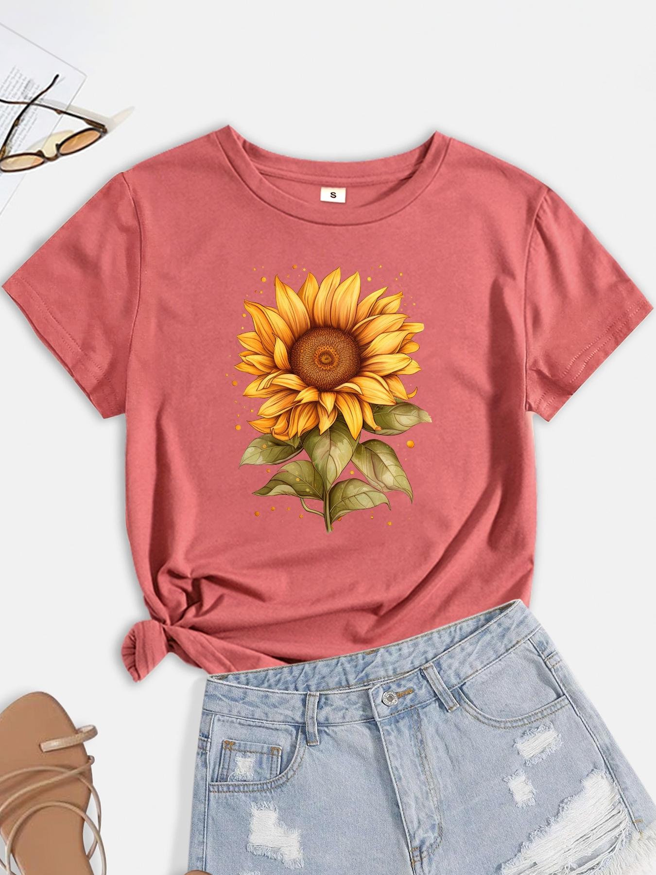 Women's Sunflower Print Round Neck Tee, Summer Clothes Women, Casual Short Sleeve Crew Neck T-shirt for Summer, Summer Outfits 2024, Graphic Tees, T Shirts for Women, Women's Top for Daily Wear