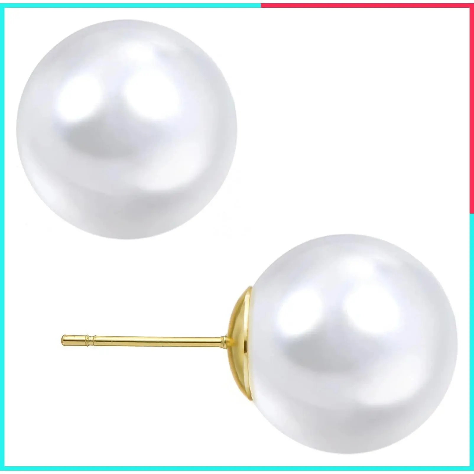 Oversize 14/12/10mm Classic Round Strong Luster Simulated Shell Pearl Stud Earrings 14K Gold Plated Sterling Silver for Women
