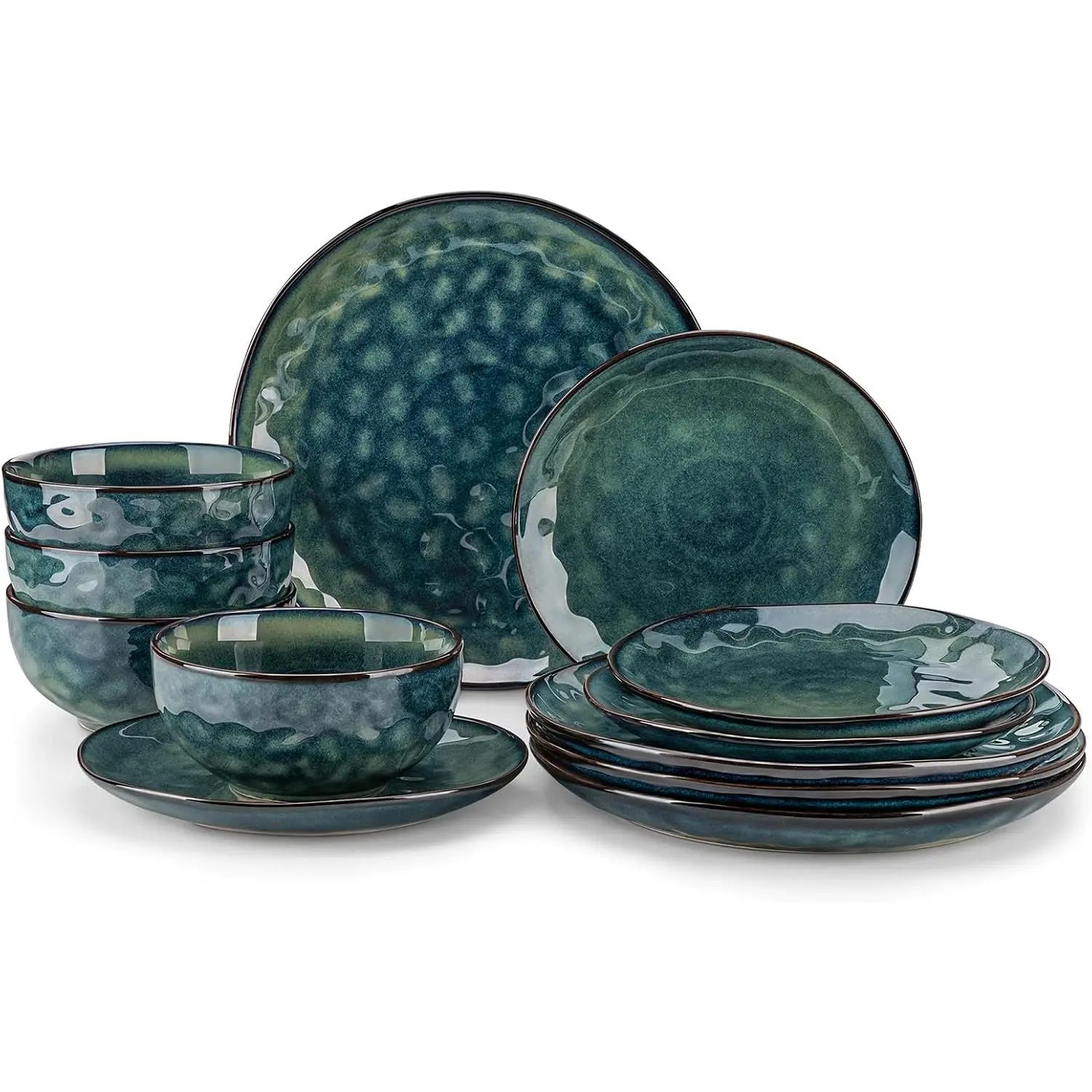 Dinnerware Set for 4,  Reactive  Stoneware 12 count Plates and Bowls Sets, Dishwasher and Microwave Safe Dish Set, Green