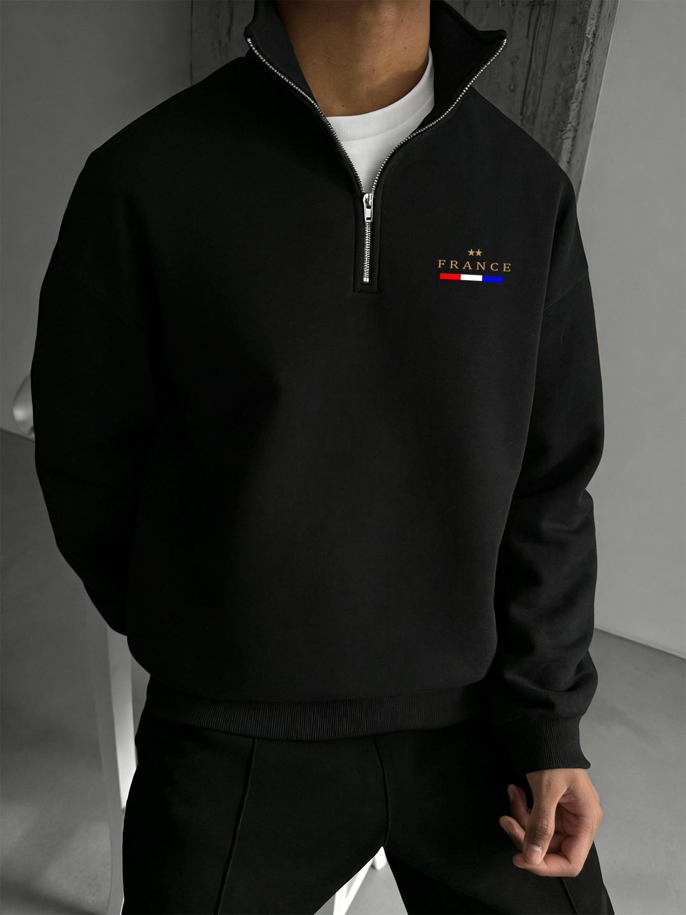 Men's Half-Zip Pullover Sweatshirt, French Blue Stripes, Casual Geometric Print, Loose Fit, Spring & Fall Fashion
