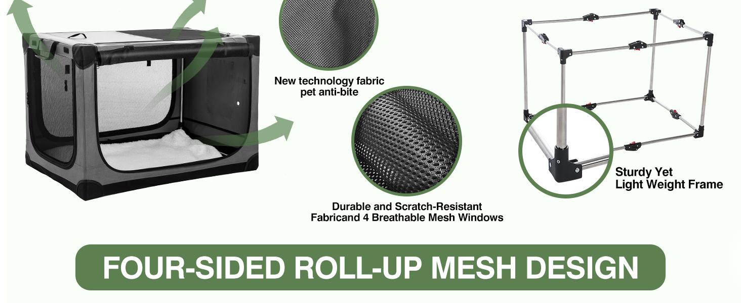 Collapsible Travel Dog Crate for Medium Large Dogs, Portable Oxford Cloth Dog Crate 4-Door Foldable Soft Kennel with Chew-Proof Mesh Windows for Indoor & Outdoor Travel,with Storage Bag,Grey