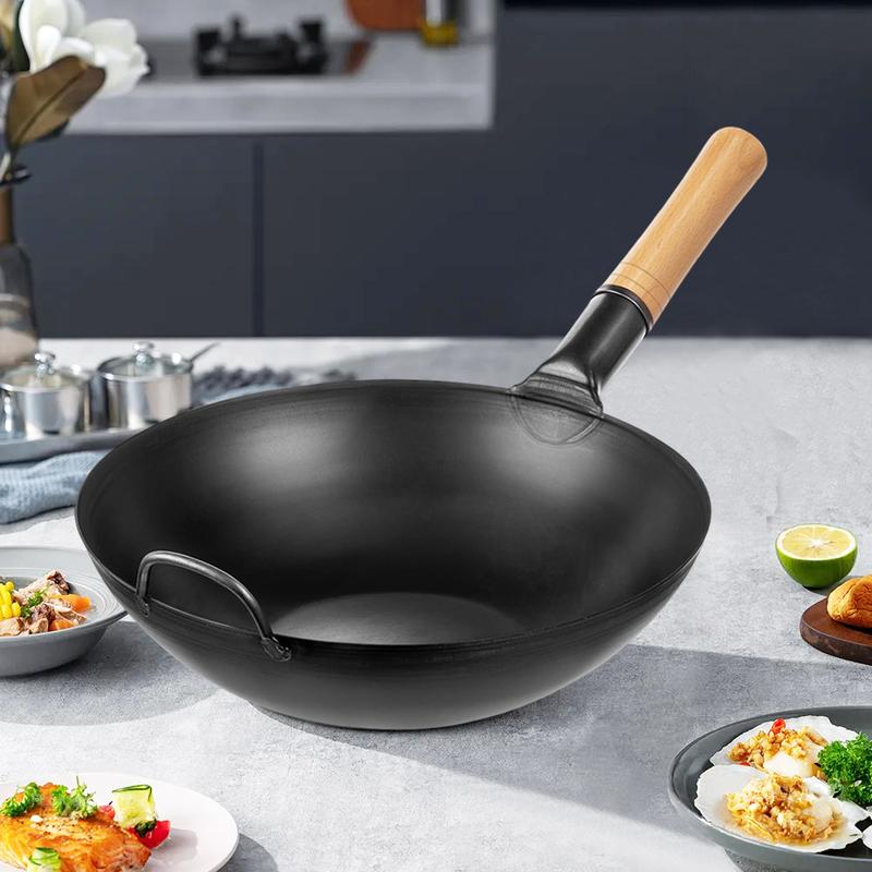 Wooden Handle Iron Wok-Non Stick, Multi-purpose Kitchen Flat Bottomed Pan, Suitable For Gas Stove And Induction Cooker Cooking, Black Finish, Perfect For Deep Frying, Stir Frying, And Cooking