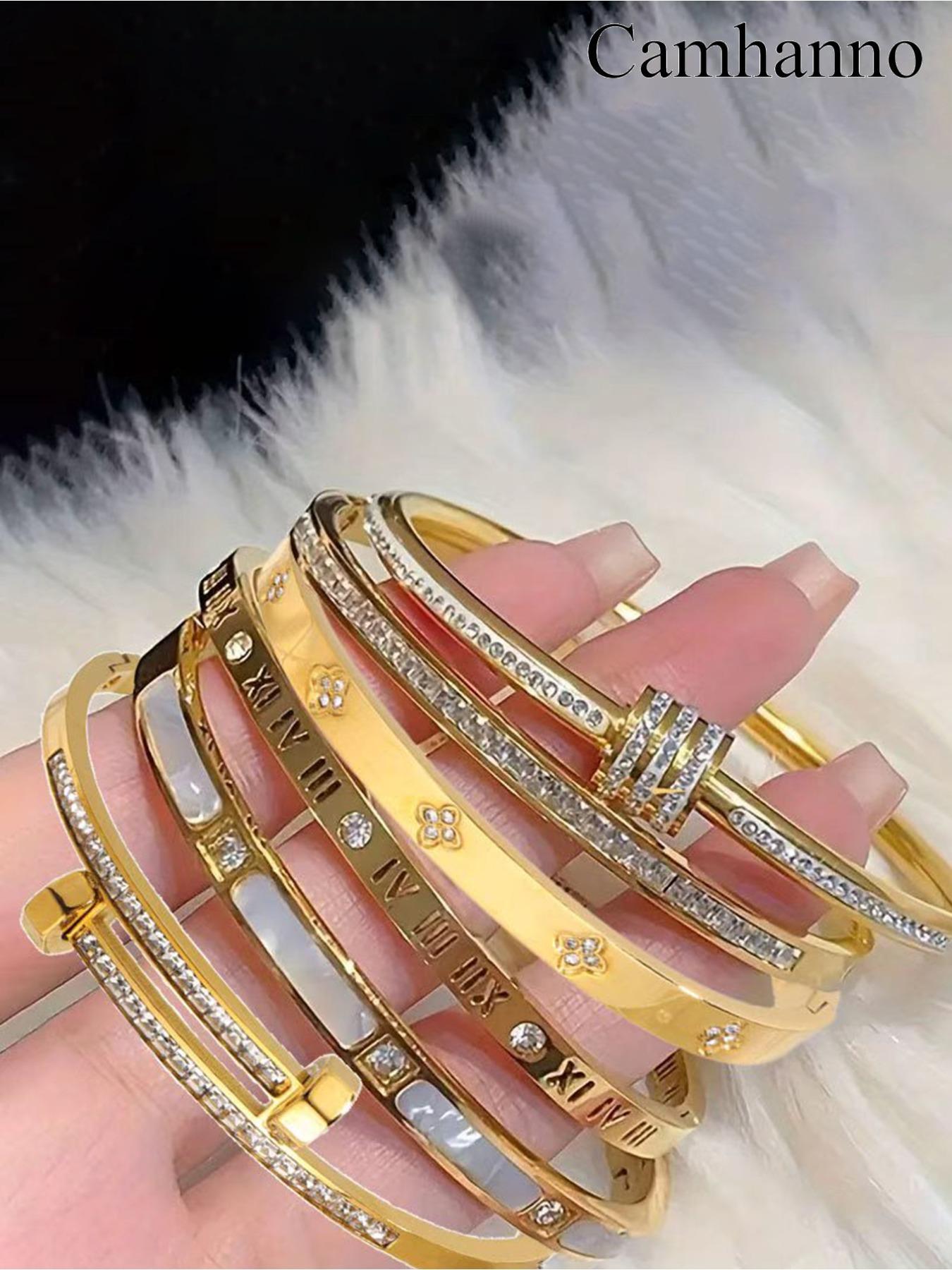 6-piece classic French luxury bracelet set, made of 304 stainless steel material, a fashionable daily item, suitable for daily wear, perfect for gifting during holidays, and a perfect gift, Rhinestone Decorated Bangle, Trendy Stack Bangle