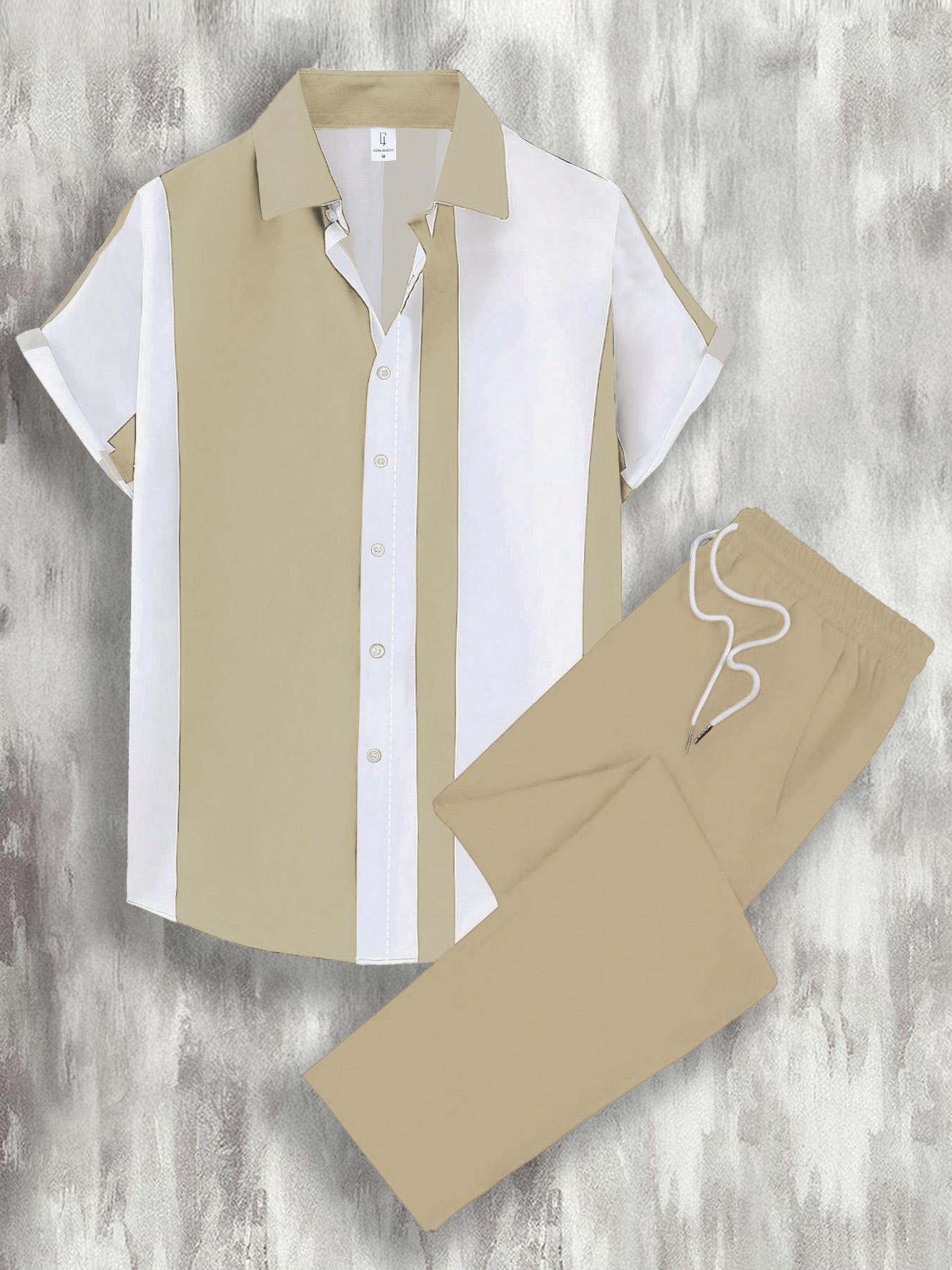 Men's Colorblock Print Short Sleeve Top & Pants Loungewear Two-Piece Set, Regular Fit Casual Comfy Top & Trousers Pj Set, Men's Sleepwear Set for All Seasons