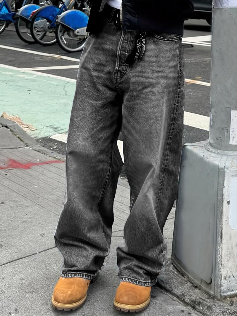 Men's New Fashion Regular Fit Jeans, Casual All-Season Washed Denim Long Pants, Classic Style, Zipper Fly, Plain Pattern