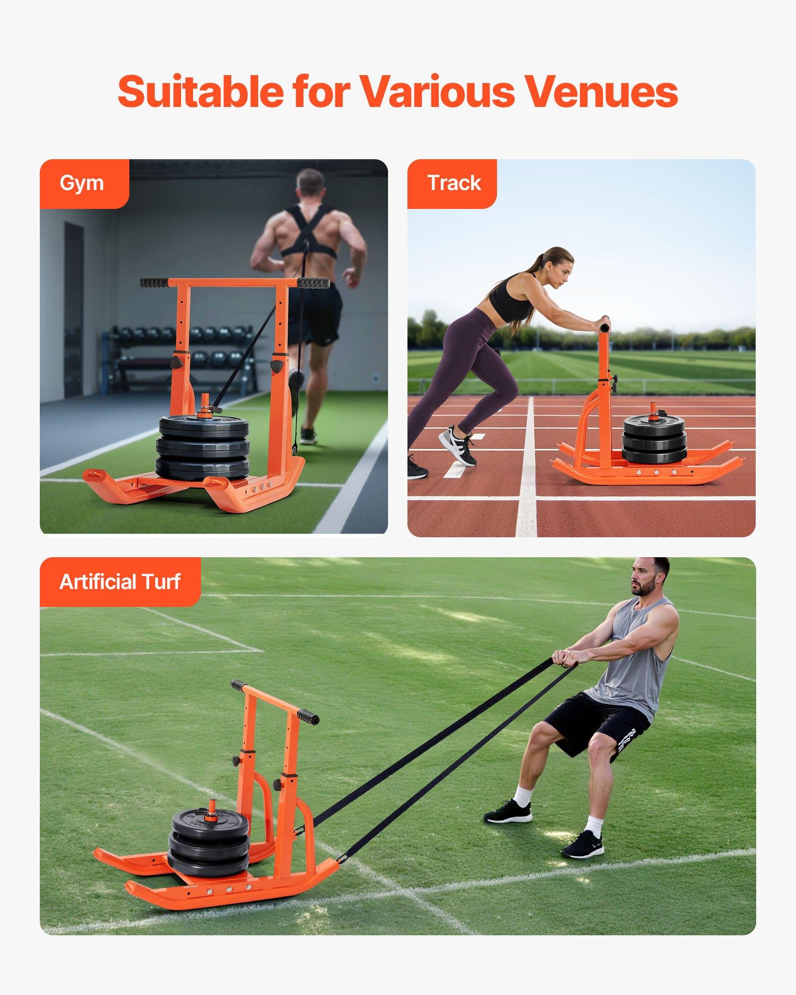 VEVOR Weight Sled, Steel Power Sled, Fitness Training Sleds for Athletic Exercise Speed Improvement, Workout Equipment with Adjustable Height Handle, Compatible with 1/2 in Weight Plates, Orange