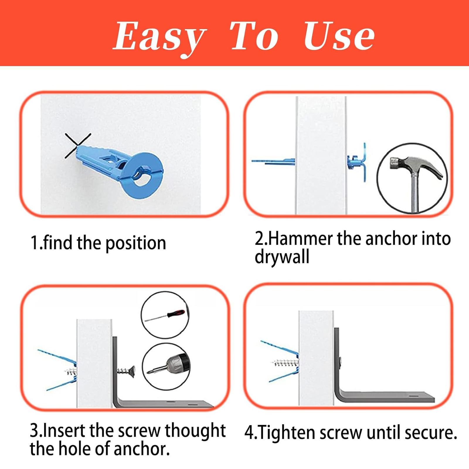 60Count Drywall Self Drilling Anchors and Screws,Easy Application,No Drill or Holes in Wall,Heavy-Duty Zinc-Plated Steel Anchors with Self-Tapping Screws,Hollow Screws and Anchors for TV,Bicycle,Cabinet Fixing Accessories.