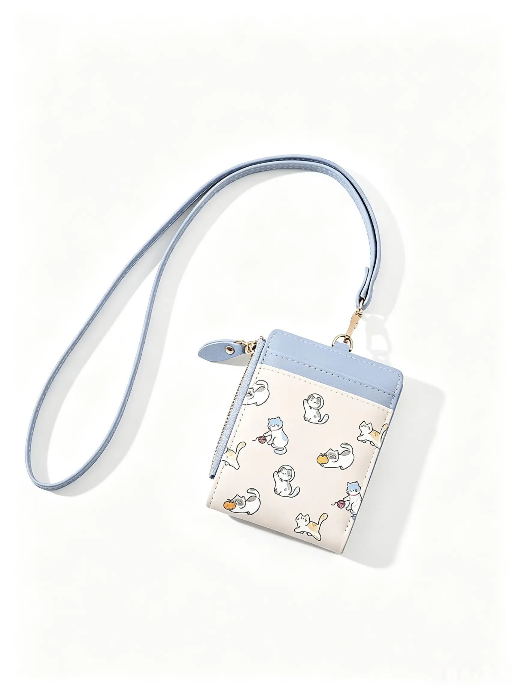 1PC Commute Neck Lanyard Card Holder, Student Campus ID Badge Case, Cute Cat Foldable Zipper Coin Purse, Cash & Card Storage Pouch for Shopping & Trips