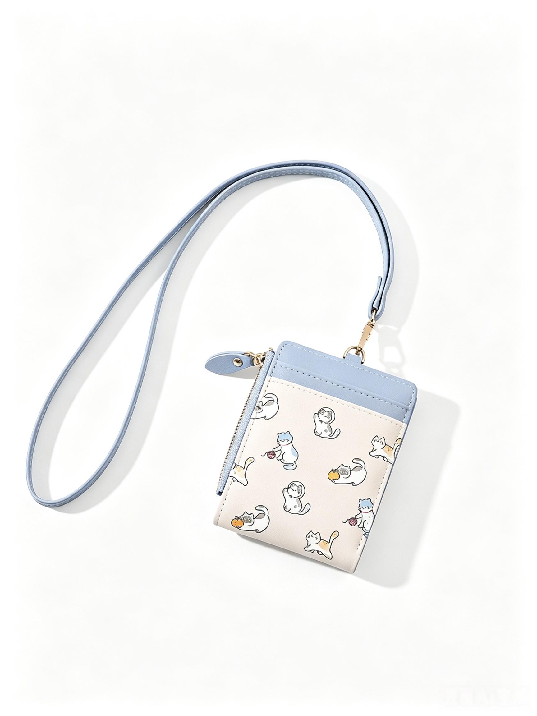1PC Commute Neck Lanyard Card Holder, Student Campus ID Badge Case, Cute Cat Foldable Zipper Coin Purse, Cash & Card Storage Pouch for Shopping & Trips