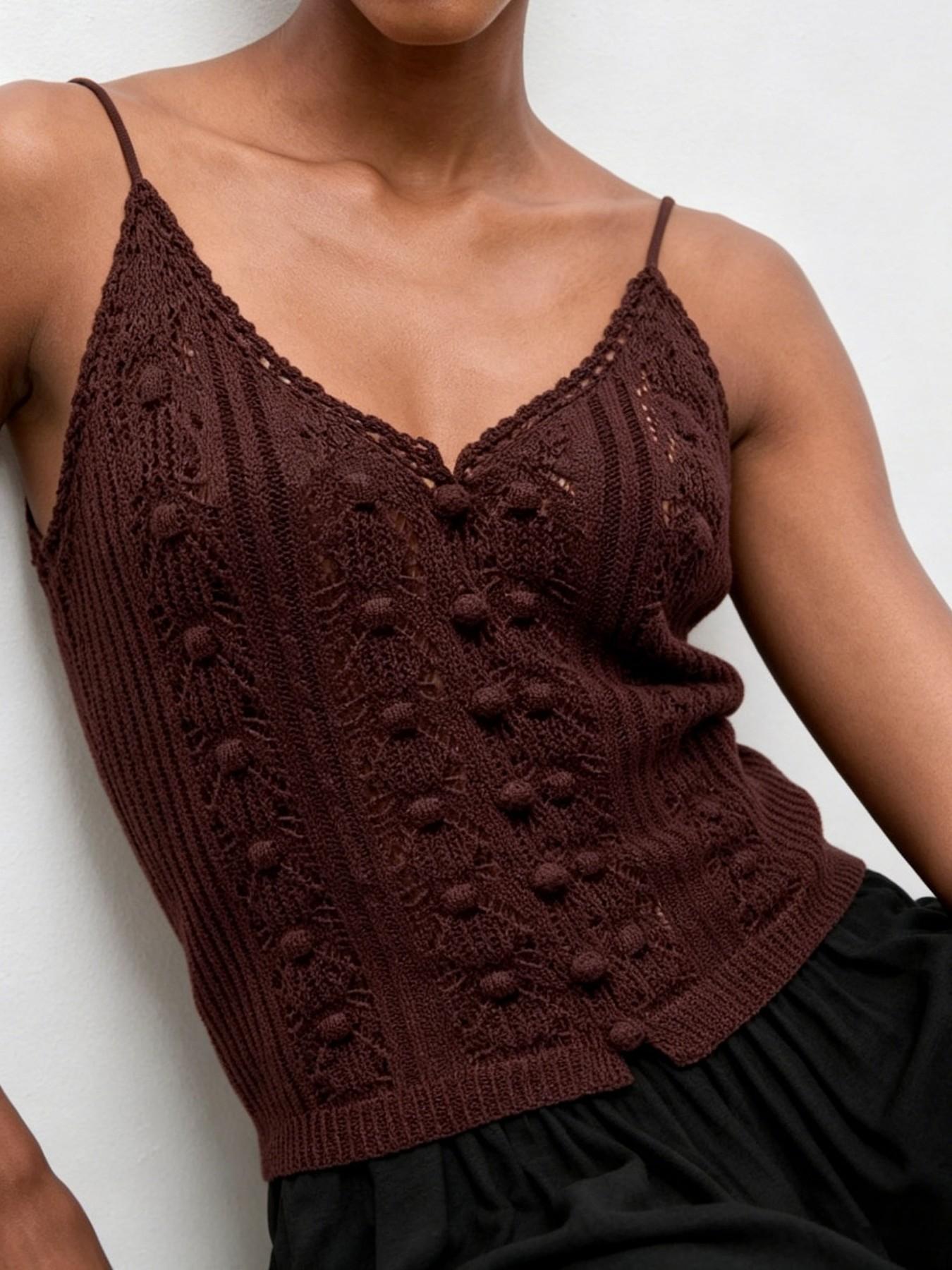 Elegant Fashion Comfortable Hollow Out Jacquard Knit Vest, Casual V-Neck Strap Open Front Cardigan Vest, Stylish Women's Outerwear