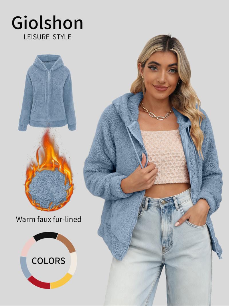 Women's Hooded Plush Jacket with Pockets & Drawstring, Casual Fitted Zipper Outerwear for Spring Autumn Winter All Seasons