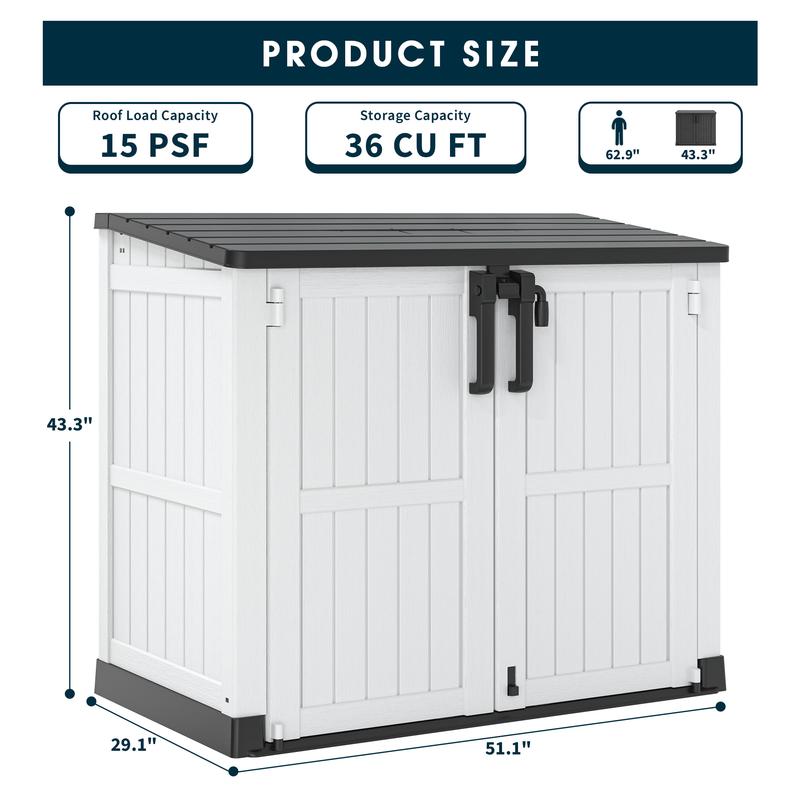 Outdoor Storage Box (White/Black) -  126.5"D*73.1’W*110”H, 36 Cu Ft Capacity, Waterproof Resin with Lockable Latch, 15 Lbs/Sq Ft Roof Load, Durable Solid Plastic Organizer-Christmas Gifts.