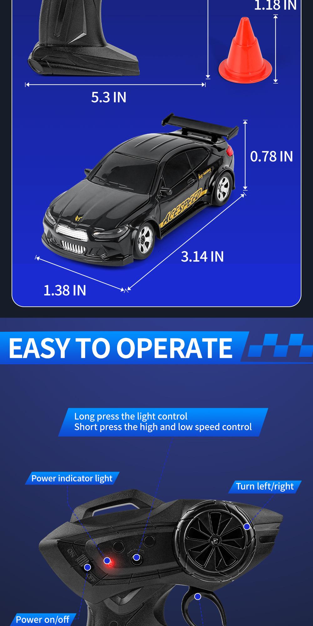 Hotfree 1/64 Mini RC Drift Car, 4WD High-Speed Full-Proportional Remote Control Sports Car with Steering Servo, LED Lights, USB Rechargeable, Desktop Entertainment Toy, Fun Birthday Christmas Gift for Kids Boys Portable Exquisite Details