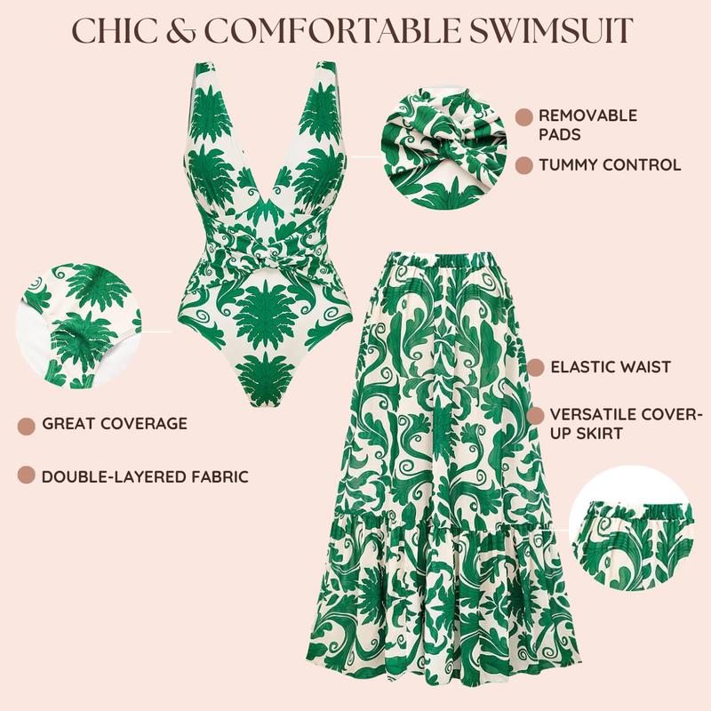 FLAXMAKER Women's V Neck Green Print Tummy Control One Piece Swimsuit and Matching Dress Set Swimming Dress Tankini Swimdress Bathing Suit Stylish Beachwear #TikTokShopBlackFriday