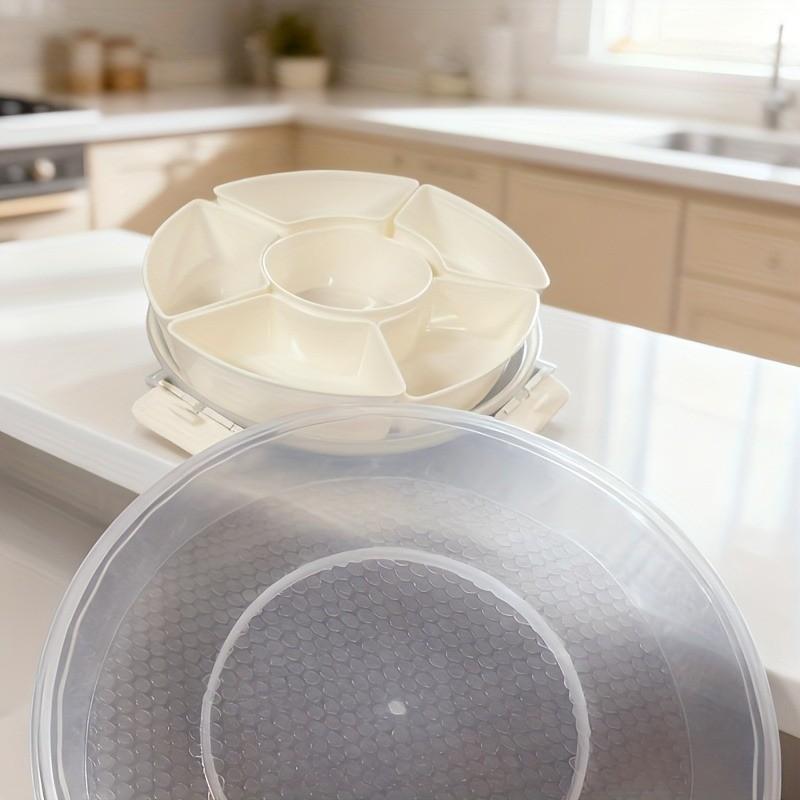 1PC - Divided Dinner Plate - with Lid and Handle / Fruit Plate / Suitable for Snacks - Portable Rotating Vegetable Plate - Suitable for Kitchen Parties Travel Picnics - Stackable Snack Box Container / Round Plastic Rotating Snack Tray with Lid