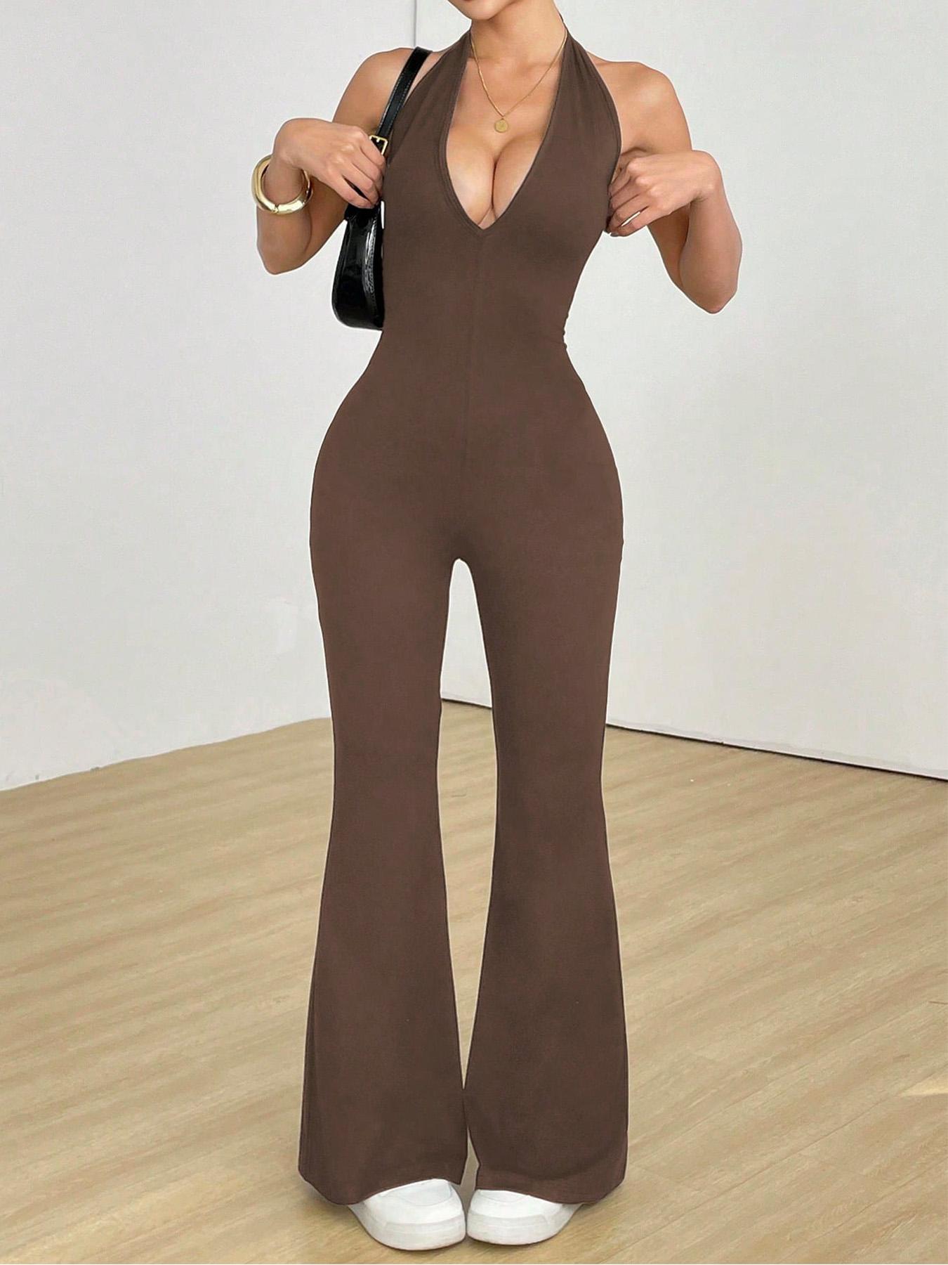 2026 Women's Sexy Halter V Neck Jumpsuit, Sleeveless Backless Design, Fitted Flare Leg Romper, Casual Style for All Seasons