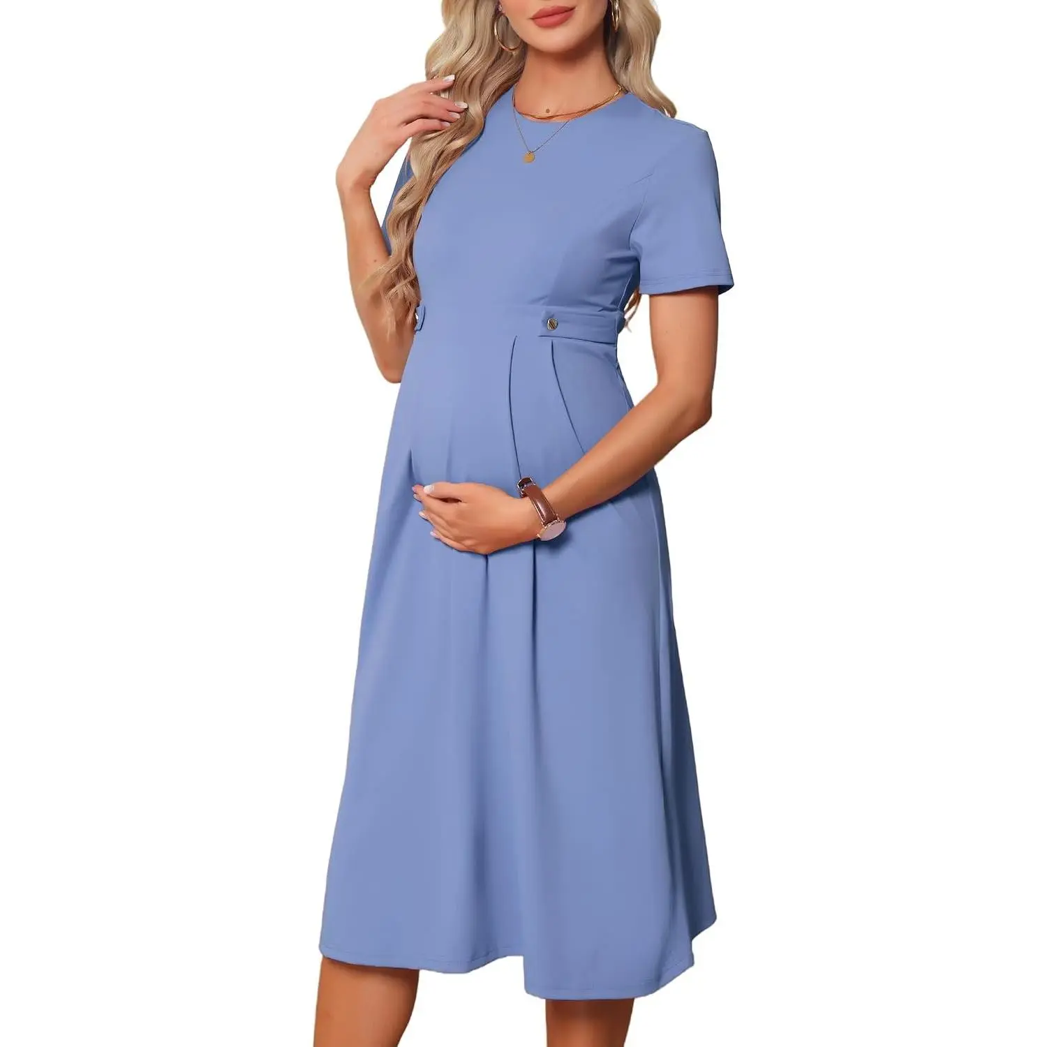 Womens Maternity Work Dress Formal Business A Line Short Sleeve Front Pleated Pregnancy Dresses Semi Office