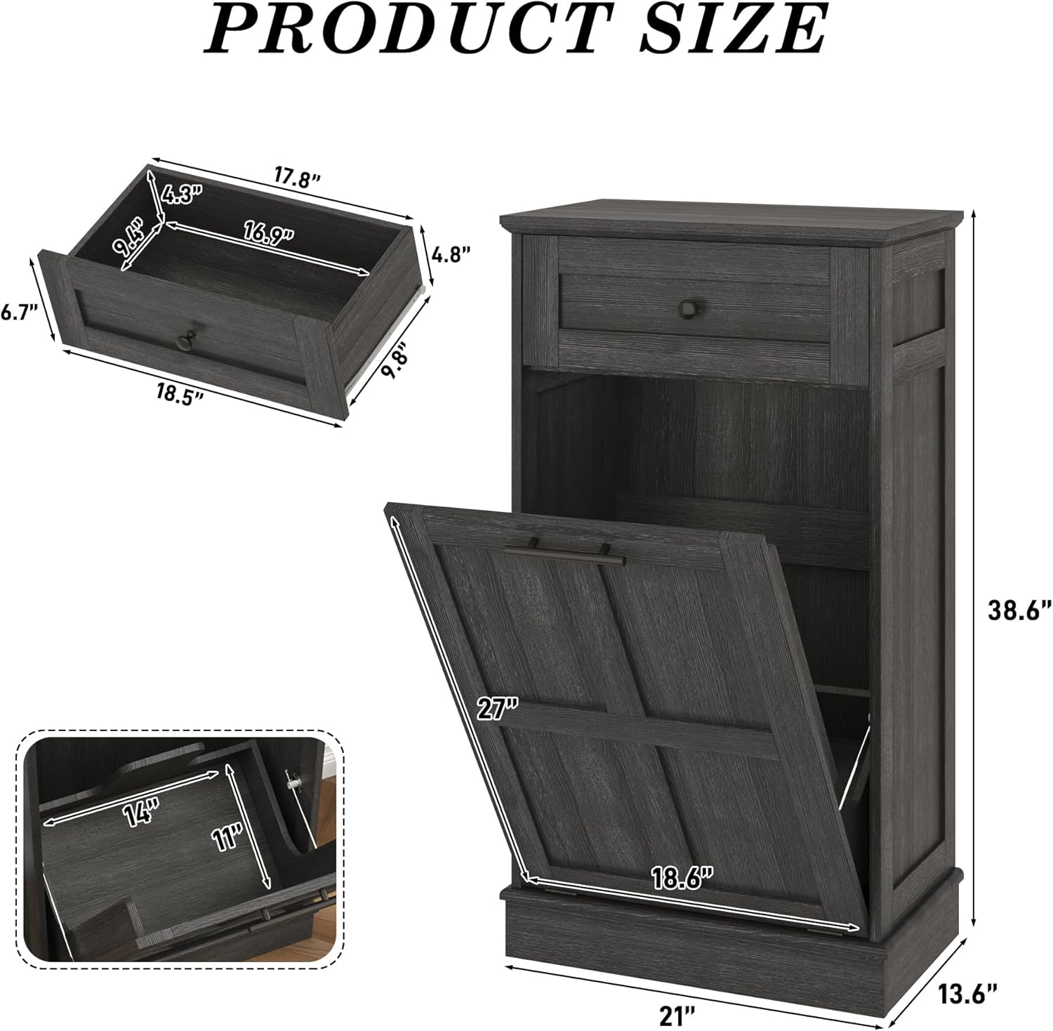 Trash Can Cabinet, 10 Gallons / 20 Gallons Farmhouse Hidden Wood Garbage Can Bin Cabinet with Drawers, Tilt Out Laundry Hamper with Laundry Storage Basket for Bathroom, Kitchen, Brown/Antique White/Dark Grey