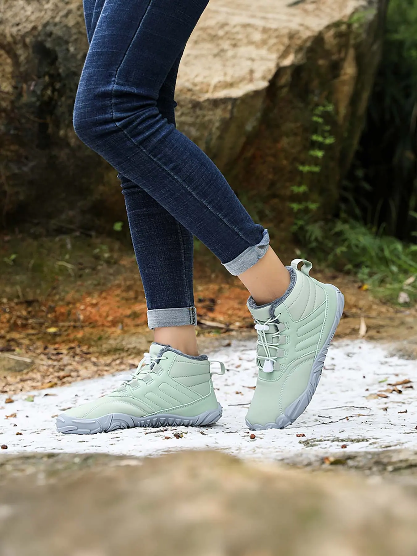 Men’s Fleece Lined Warm Barefoot Snow Boots, Wide Toe Box Zero Drop Quick Slip-On Lock Drawstring, Water Resistant Non-Slip Winter Ankle Boots for Commute & Trail Hiking
